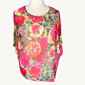 Kai Resortwear Size M Red Yellow Pink Green Floral Sheer Mesh Swim Coverup Top
